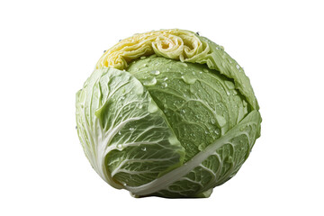 Fototapeta premium Fresh green cabbage head with glistening water drops. Raw organic vegetable symbolizing healthy eating and natural vegetarian food preparation