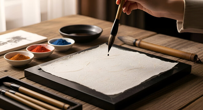 This image displays a traditional Chinese calligraphy and painting set, commonly referred to as the Four Treasures of the Study. 