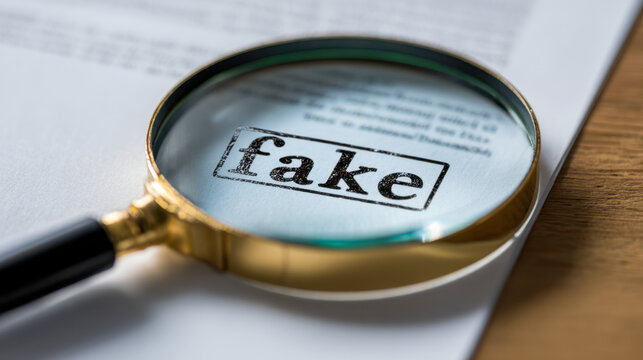 Magnifying glass highlighting the word fake on a document symbolizing the detection of counterfeit or fraudulent information in close examination process