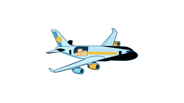 Vector illustration of a cargo airplane for freight transport and logistics. This flat minimalist icon shows a plane loaded with cardboard boxes, perfect for shipping and delivery services.