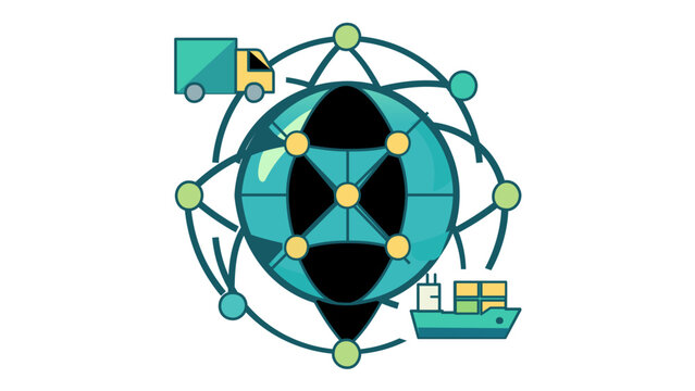Global logistics network vector icon illustration with a stylized globe, interconnected nodes, delivery truck, and cargo ship representing international trade, supply chain, and distribution.