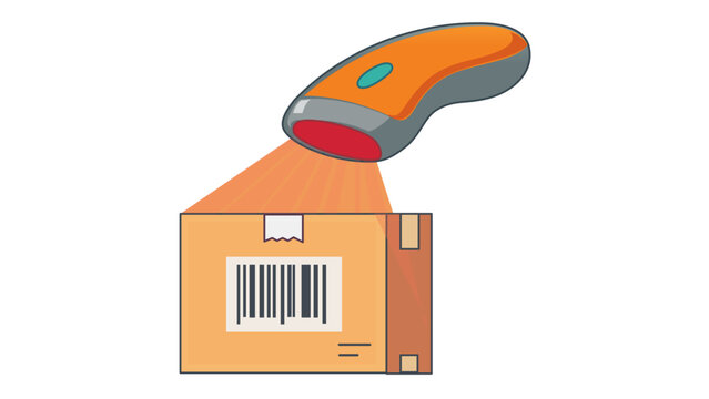 Professional vector illustration of a handheld barcode scanner device scanning a cardboard shipping box. Flat minimalist icon for logistics, supply chain, inventory management and warehouse tech.