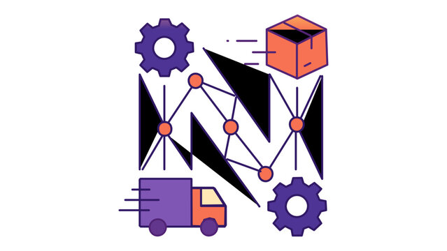 Logistics supply chain network vector icon illustration featuring a delivery truck, shipping package box, industrial gear, and interconnected nodes for global distribution and management.