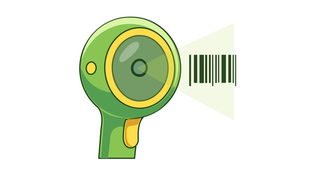 Professional vector illustration of a green handheld barcode scanner icon emitting a light beam to scan a barcode, representing logistics, retail inventory management, and supply chain technology.