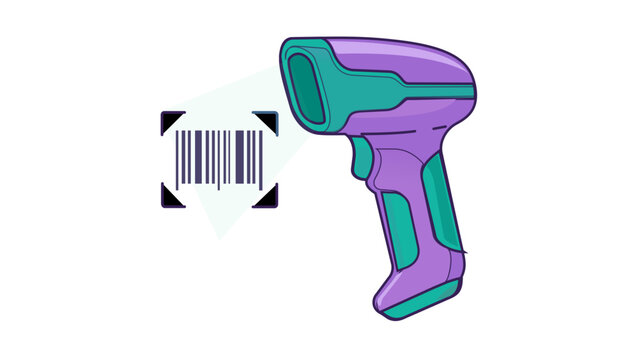 Vector icon illustration of a modern purple and teal handheld barcode scanner device scanning a product barcode for logistics, retail inventory management, and supply chain software applications.