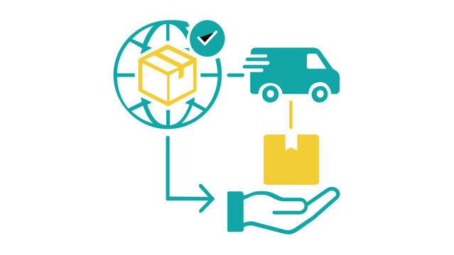 Global logistics and order fulfillment vector icon illustration showing supply chain process with delivery van, package, globe, and hand receiving parcel in a teal and yellow gradient design.