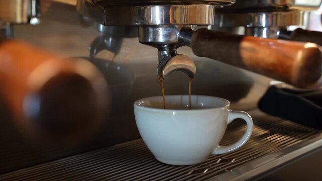 Fresh Espresso Pouring from Portafilter into Cup Close Up with Crema