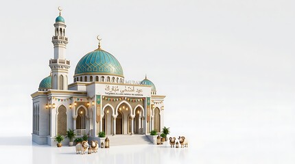 Naklejka premium Islamic mosque illustration with ornate architecture and teal dome on white background