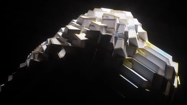 3d render of abstract art of surreal geometry fractal alien object mechanism based on a cubical box shape with colorful wire structure on a black background in transformation deformation process