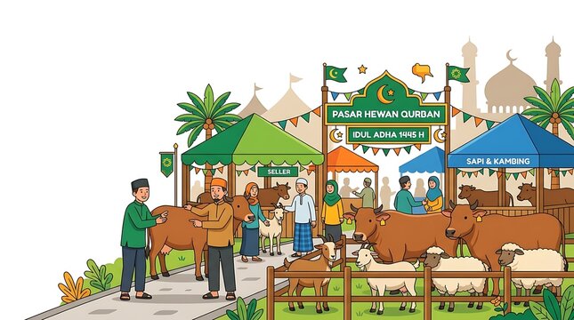 Islamic market scene illustration with people selling and buying animals