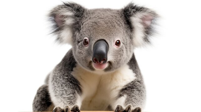 A charming front-facing koala with fluffy ears and grey fur against a white studio backdrop, looking directly at the camera