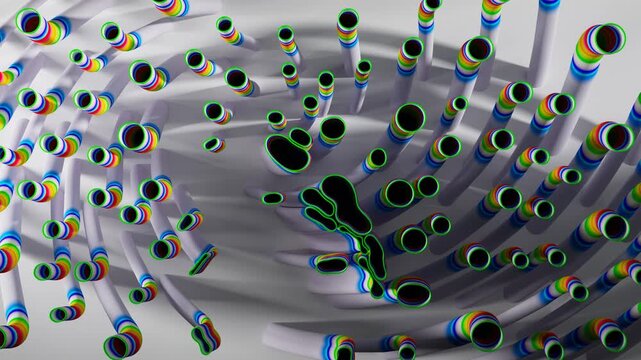 3d render of abstract art of surreal circles, ropes on a curve, wavy organic lines, forms in a deformation transformation process in purple and white, and blue gradient color