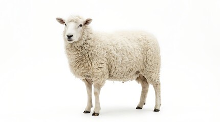Fototapeta premium Isolated sheep stands against a white background with fluffy wool