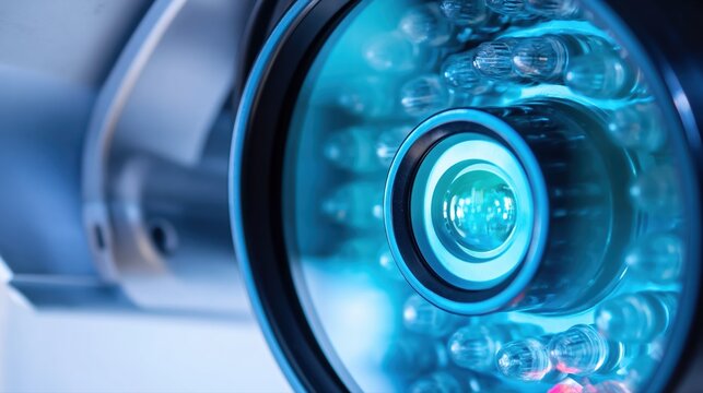 Extreme close-up of a surveillance camera lens with striking reflections. The image highlights modern security technology and intricate optical details.