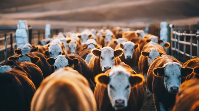 A herd of cows moves through a fenced pasture under the watchful eye of veterinarians in biohazard suits. The golden hour lighting and rural landscape create a cinematic, detailed scene.