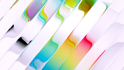3d render of abstract art of a surreal 3d background based on liquid glass sticks in rotation movement in curved wavy, smooth and soft organic lines forms in white and color gradient parts