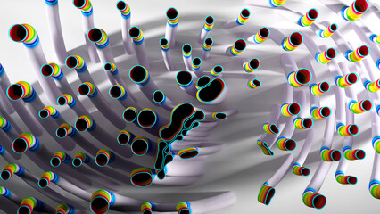 3d render of abstract art of surreal circles, ropes on a curve, wavy organic lines, forms in a deformation transformation process in purple and white, and blue gradient color