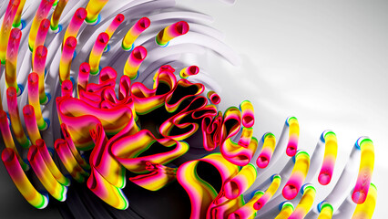 3d render of abstract art of surreal circles, ropes on a curve, wavy organic lines, forms in a deformation transformation process in purple and white, and blue gradient color