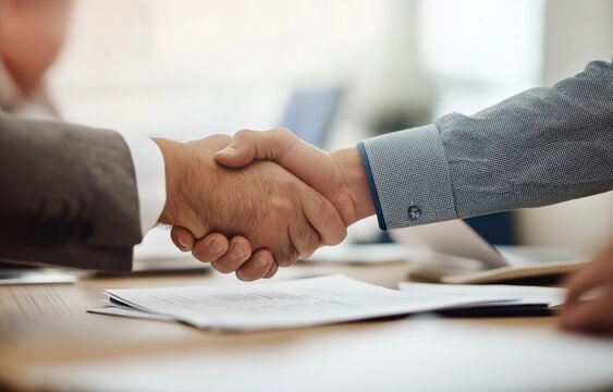 Two business men shaking hands over a desk with documents, symbolizing agreement, collaboration, and a successful meeting