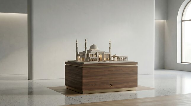 Miniature mosque model on wooden structure against neutral background