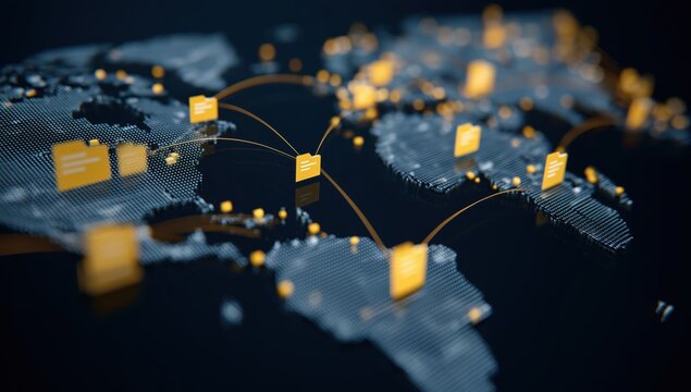 a digital map of the world with yellow file icons connected by blue lines, representing global data transfer and information exchange in a business or communication setting Generative AI