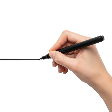a professional female hand using a matte black marker to draw a bold stroke on transparent paper, extreme flat lay, high key, sharp macro detail, negative space, concept of professional execution