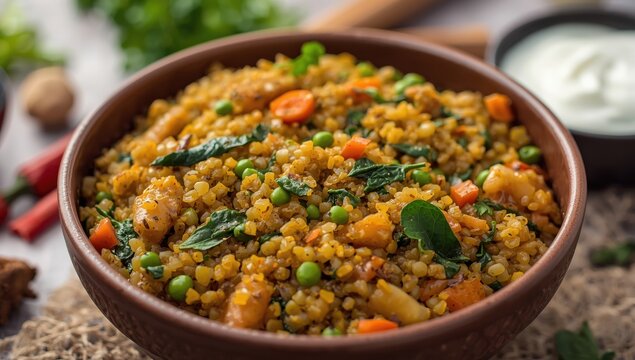 Nutritious quinoa lentil khichdi, a one-pot dish with vegetables and spices, ideal for weight loss. Enjoy with yogurt.