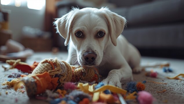 A remorseful dog closely viewed after ruining its toy.