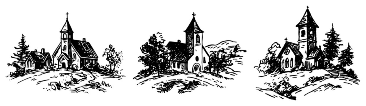 Country church in rural landscape with trees and hills vintage engraving style