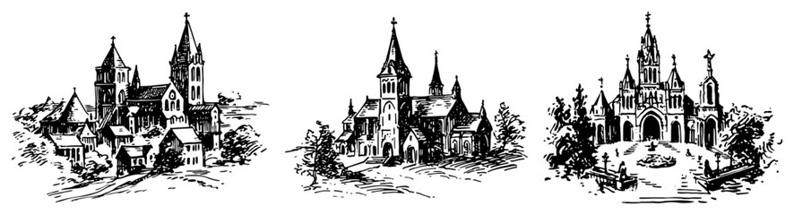 Obraz premium Medieval church buildings and cathedrals set in classic ink sketch style