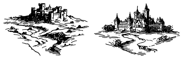 Obraz premium Medieval castle fortresses on hilltops with scenic landscape in hand drawn style