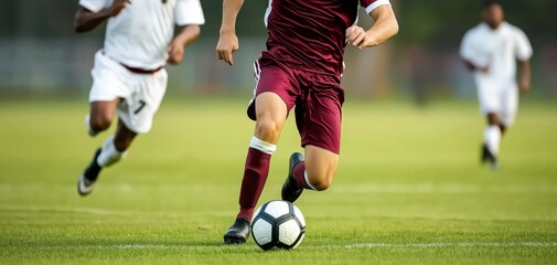 Fototapeta premium Soccer player in burgundy uniform dribbling the ball on a green grass field during a intense professional football match