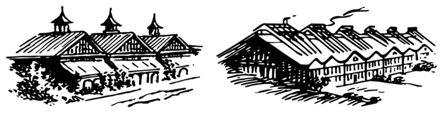 Industrial factory building with sawtooth roof and smoke in vintage woodcut style