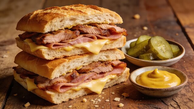 Classic Cuban sandwich on a wooden surface.