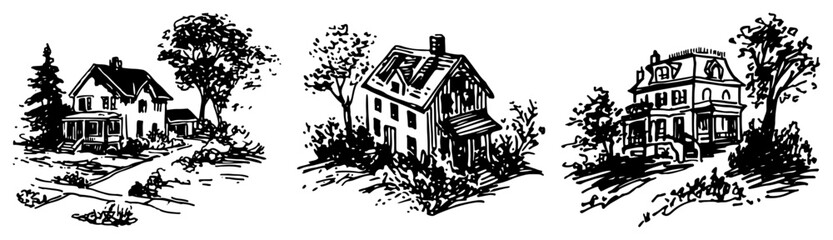 Naklejka premium Suburban house buildings and rural cottages in hand drawn ink sketch style