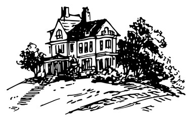 Fototapeta premium Victorian style mansion house on a hill in artistic ink sketch style