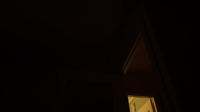 Serene scene captured from rooftop showing illuminated attic against deep midnight sky