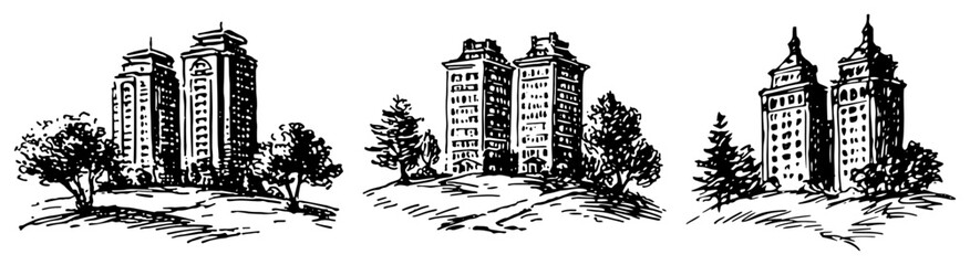 Residential apartment towers and modern skyscrapers in artistic ink drawing style © Amelia