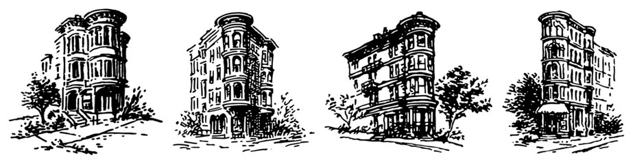Corner city buildings with classic bay windows and turrets in vintage engraving style © Amelia