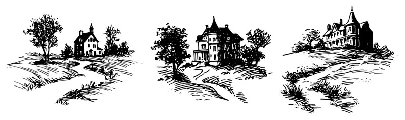 Naklejka premium Rural country house with winding road and trees in hand drawn etching style