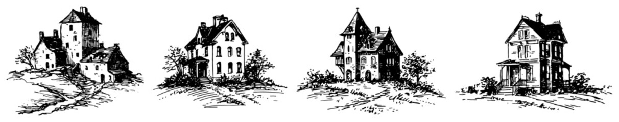 Naklejka premium Historical houses and mansions in vintage engraving style