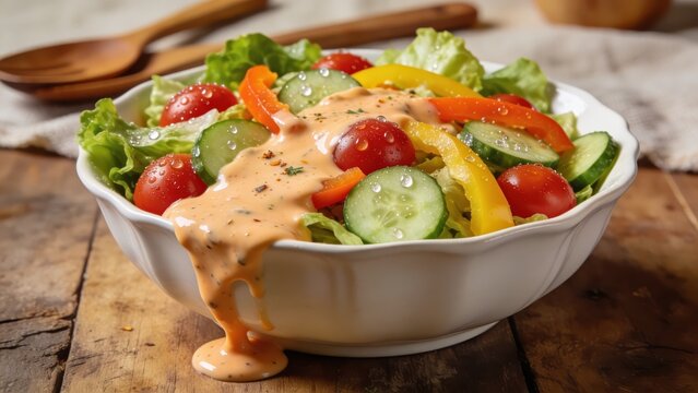 Nutritious vegetable salad dressed with thousand island dressing.