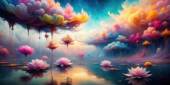 Enchanted Dreamscape  Water Lilies Bloom Beneath Colorful, Abstract Cloudscapes in a Surreal, Peaceful Setting