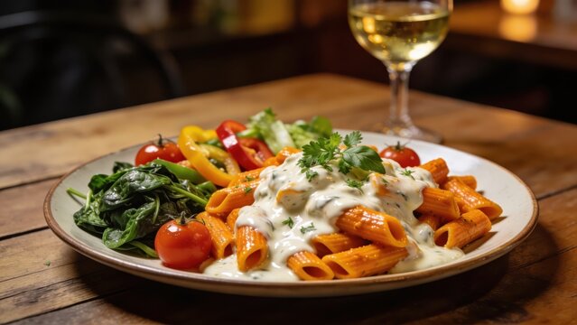 Vegan and vegetarian pumpkin penne pasta with Alfredo sauce.