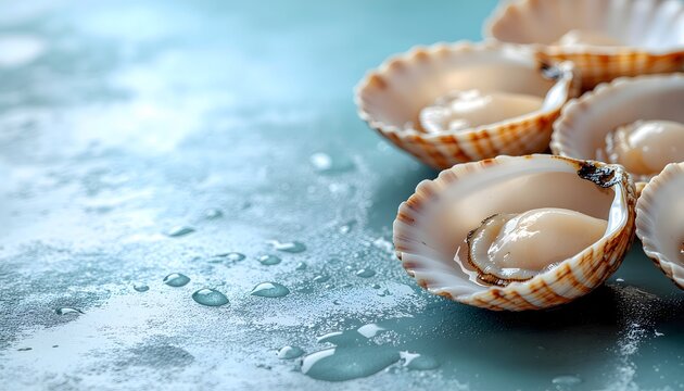 Exquisite fresh scallops in their shells presented on a moist blue background, ready for culinary delight