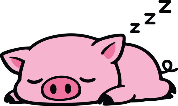 Adorable Sleeping Pink Pig with ZZZs, Peaceful Napping Kawaii Farm Animal Cartoon Vector Illustration
