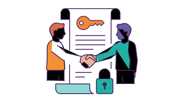 Real estate property listing vector icon illustration featuring two business partners shaking hands over a signed contract document with a key and padlock symbol for security and trust.