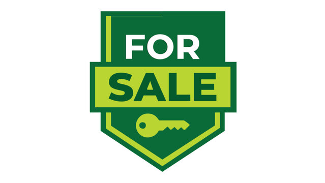 Vector illustration of a green shield icon for real estate property for sale, featuring a house key symbol and bold text, ideal for minimalist flat design web and mobile app interfaces.