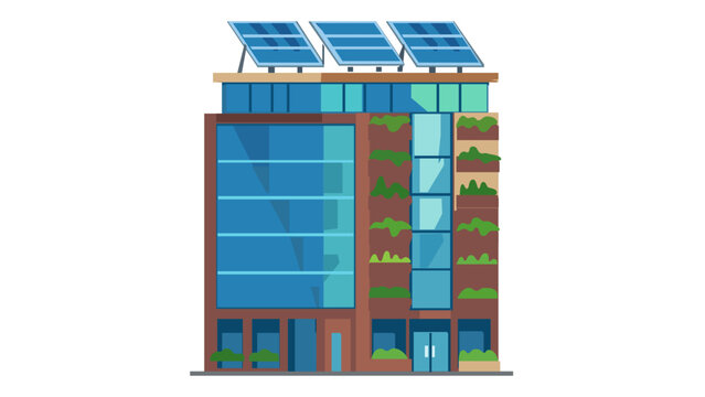Modern eco-friendly smart building vector illustration featuring solar panels on the roof and lush vertical gardens on the facade, representing sustainable architecture and green energy solutions.