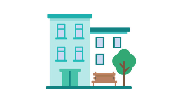 Minimalist flat vector illustration of a modern residential building icon featuring a two-story apartment complex with a green tree and a park bench, perfect for real estate and urban housing.